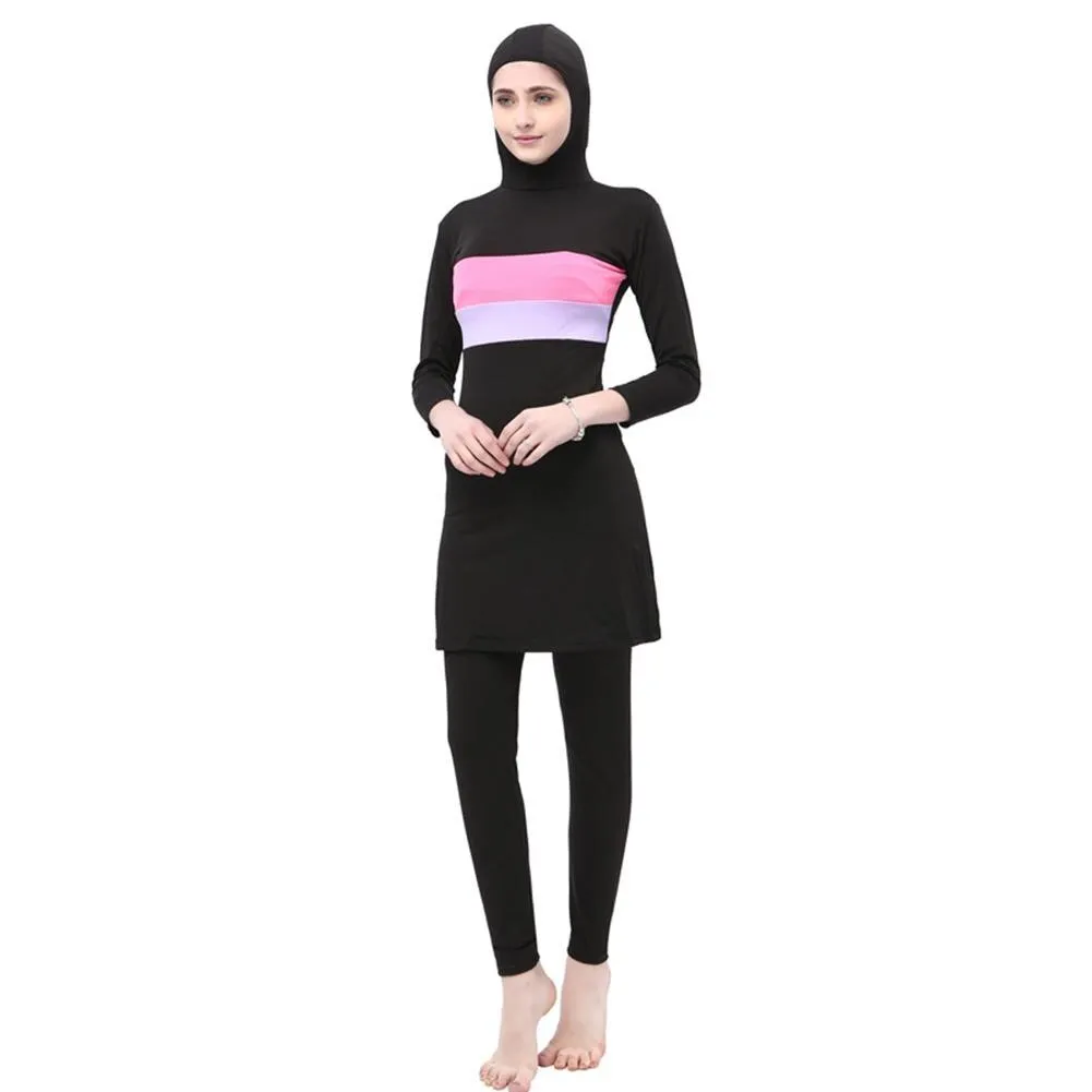 2Pcs Women Stripe Printed Muslim Swimwear Plus Size Swimsuit Swim Sport Burkinis S - 5XL