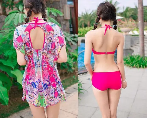 3 Pcs Floral Swimsuit Set with Tropical Cover Up Blouse - Magenta