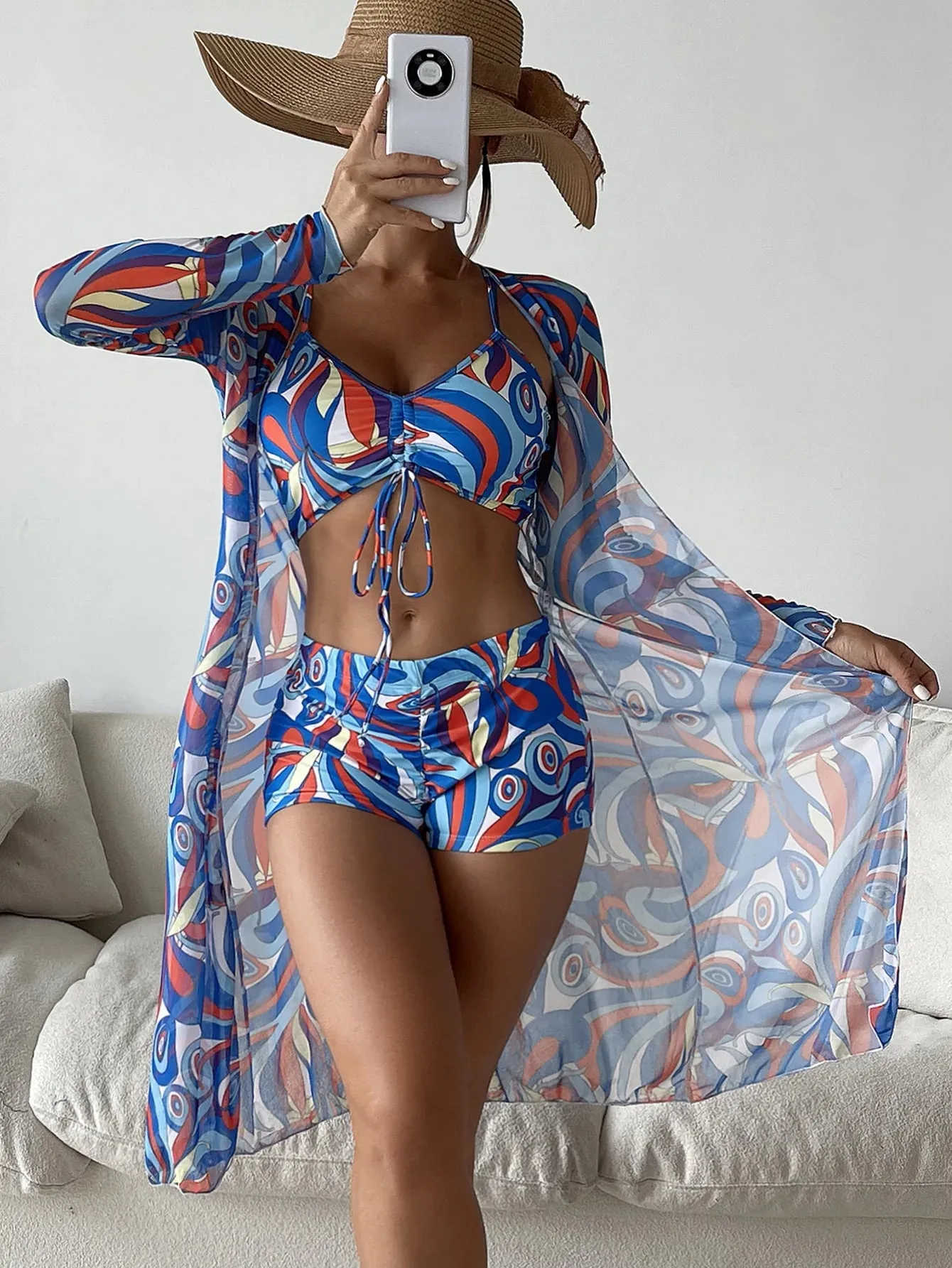 3 Pieces Print Bikini Women High Waist Swimsuit Cover Up Swimwear Female Lady Bathing Suit Swimming Summer Beachwear