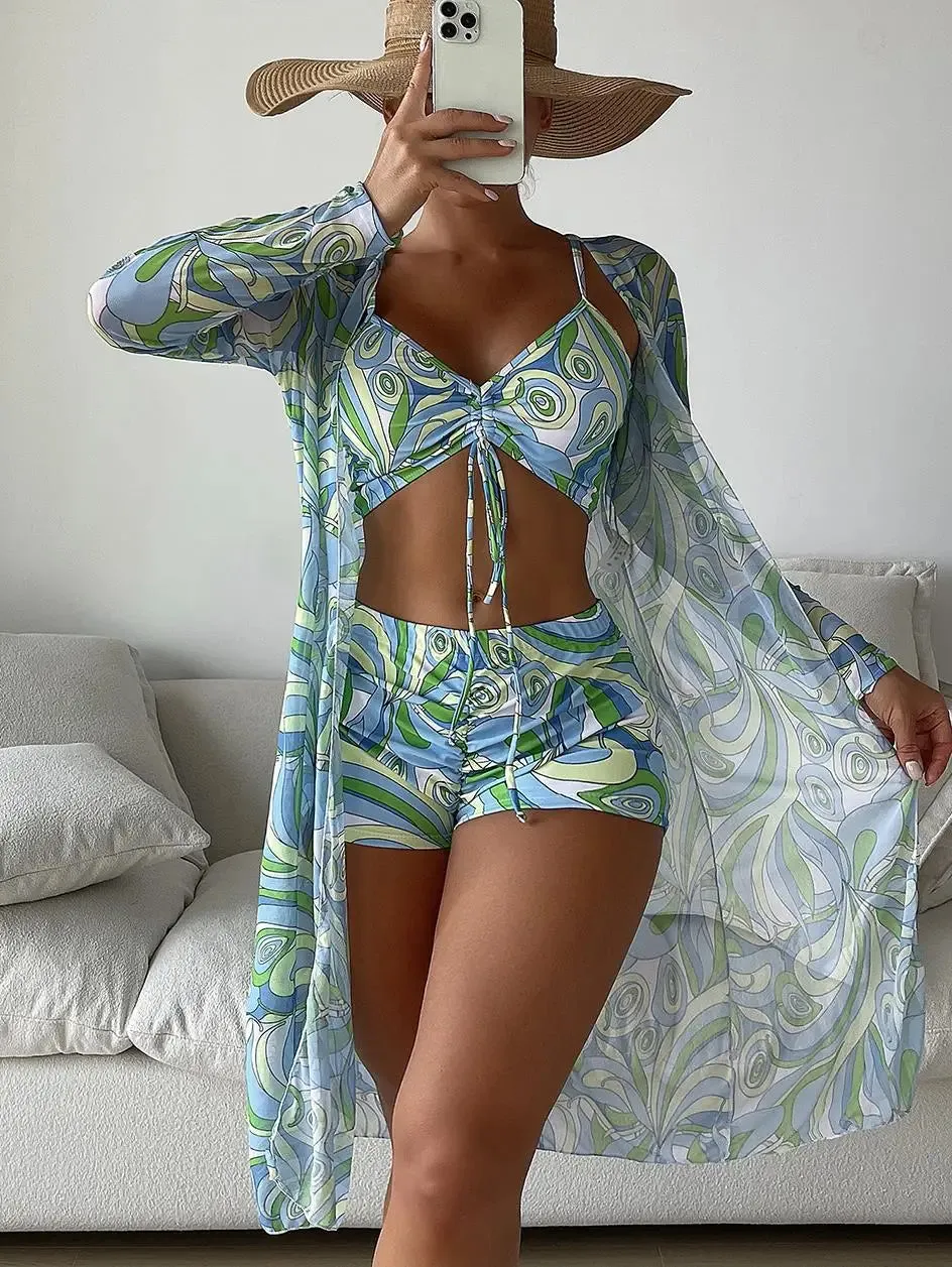 3 Pieces Print Bikini Women High Waist Swimsuit Cover Up Swimwear Female Lady Bathing Suit Swimming Summer Beachwear