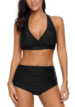 Black Halter Ruched High-Waist Bikini Set