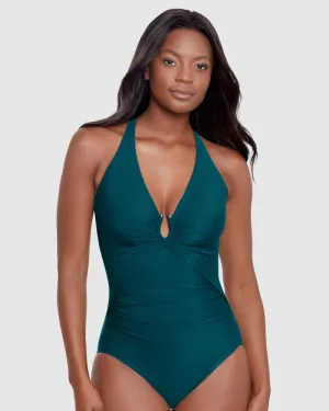 Bling Plunge Neck One Piece Shaping Swimsuit Nova Green