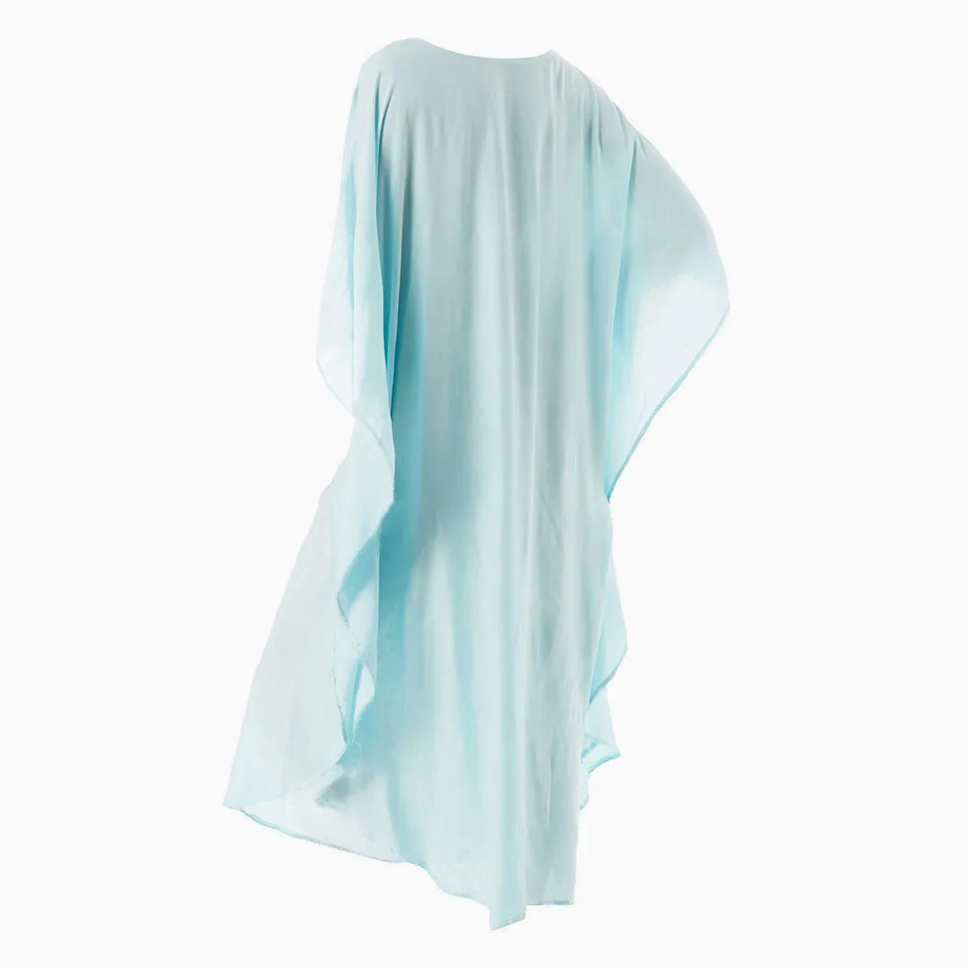 Casual Ethnic Print V Neck Batwing Sleeve Maxi Cover Up - Teal