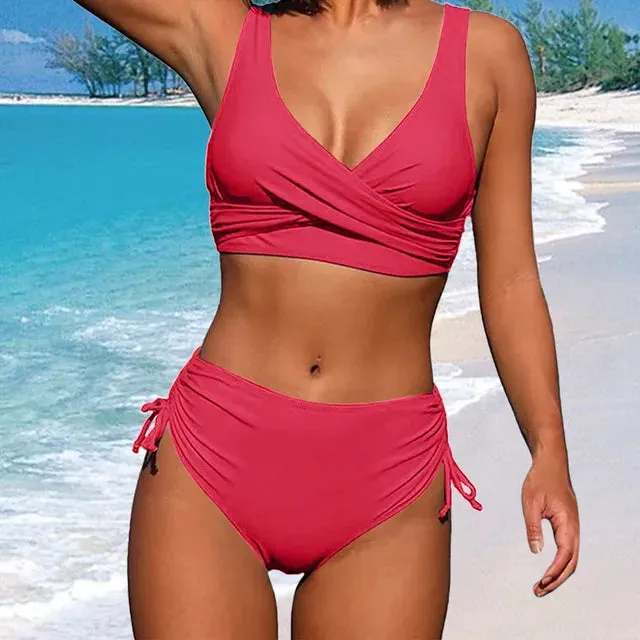 Chic Solid Color Lace-Up Bikini Set 2023