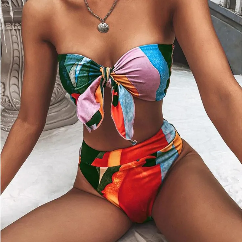 Colorful High Waisted Bow Tie Front Bikini Swimwear