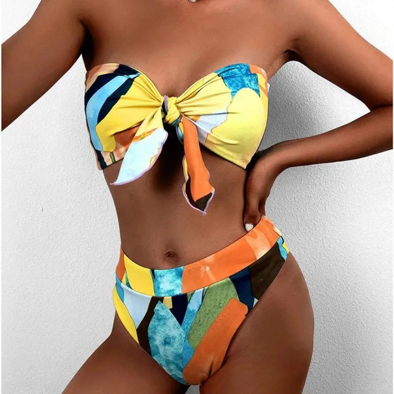 Colorful High Waisted Bow Tie Front Bikini Swimwear