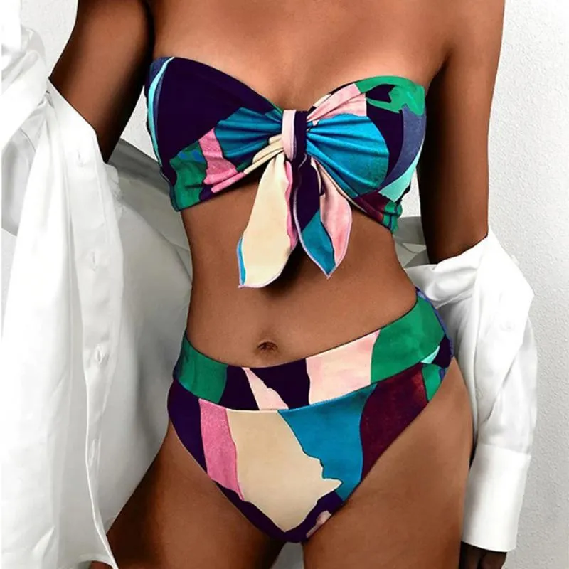 Colorful High Waisted Bow Tie Front Bikini Swimwear