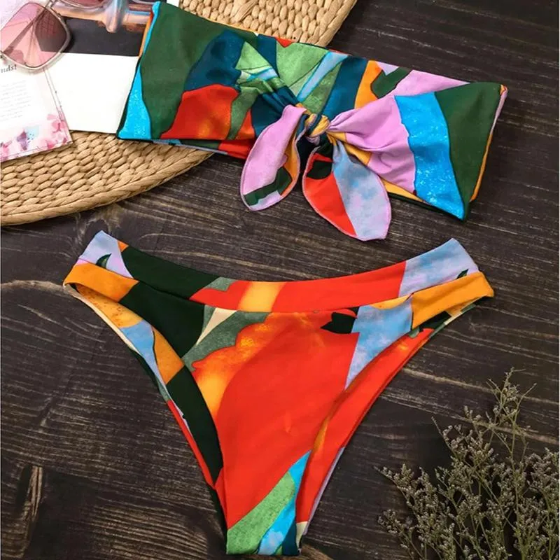 Colorful High Waisted Bow Tie Front Bikini Swimwear