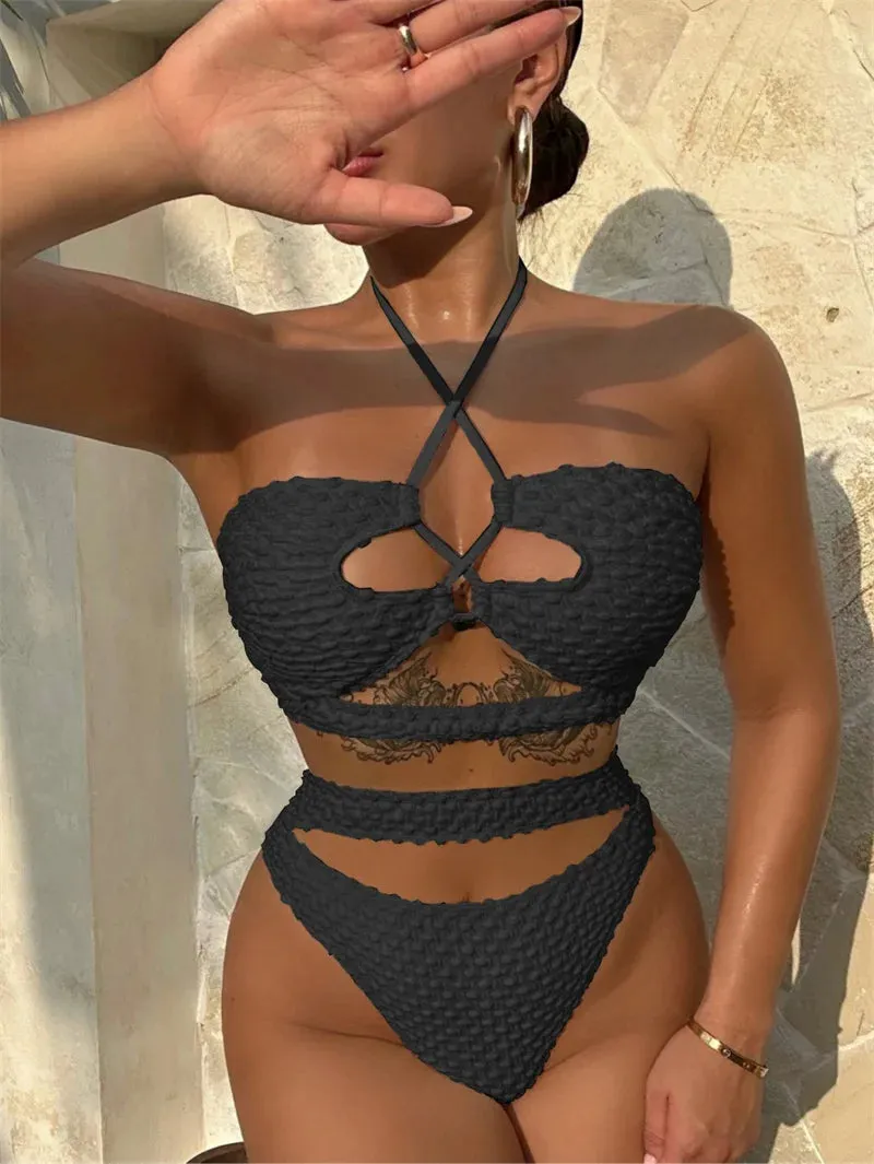 Cross Halter Bikini Set Push Up Female Swimsuit Brazilian Swimwear Women New Hollow Out High Waist Bathing Suit