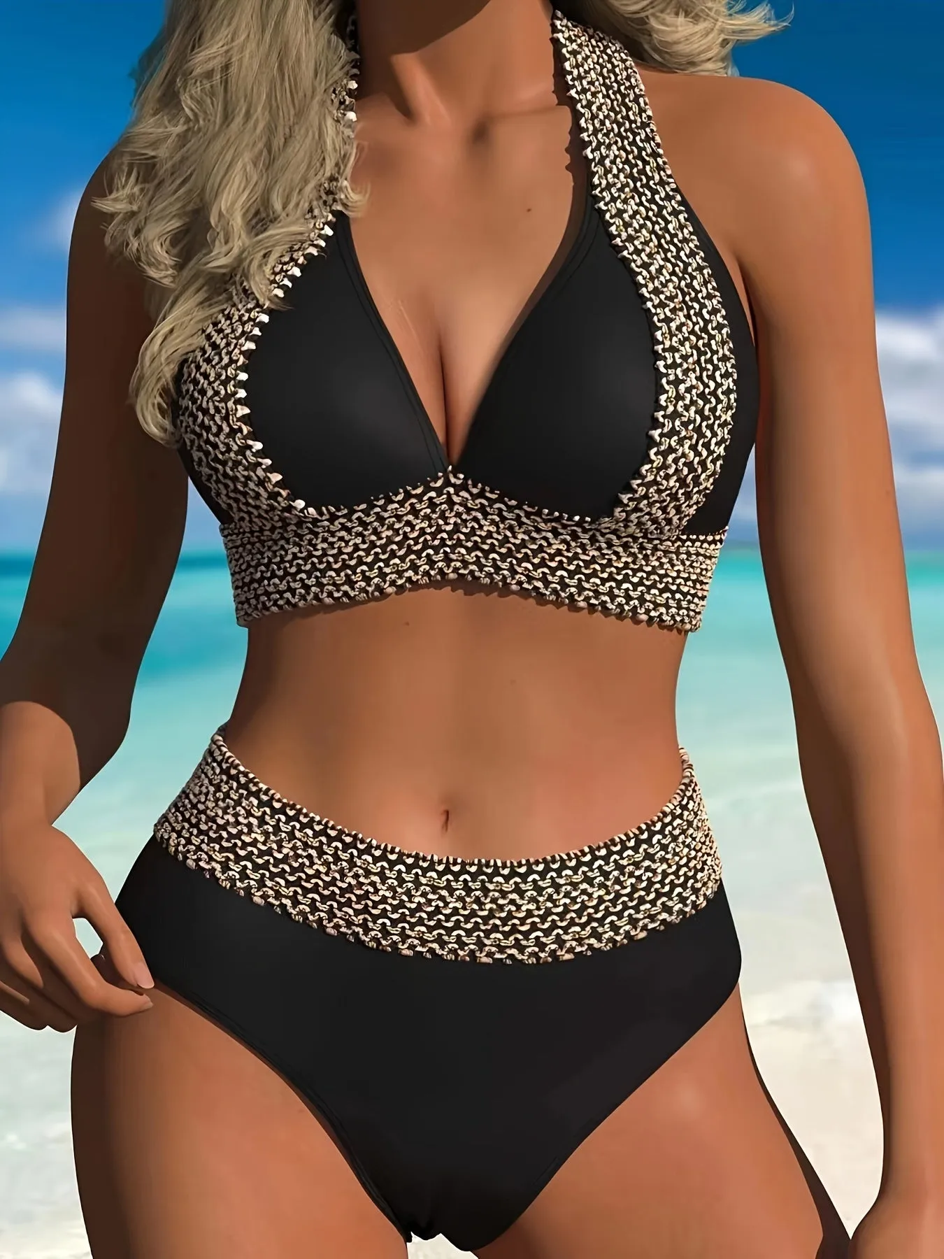 Curvy Stitched Halter Bikini Set for Women