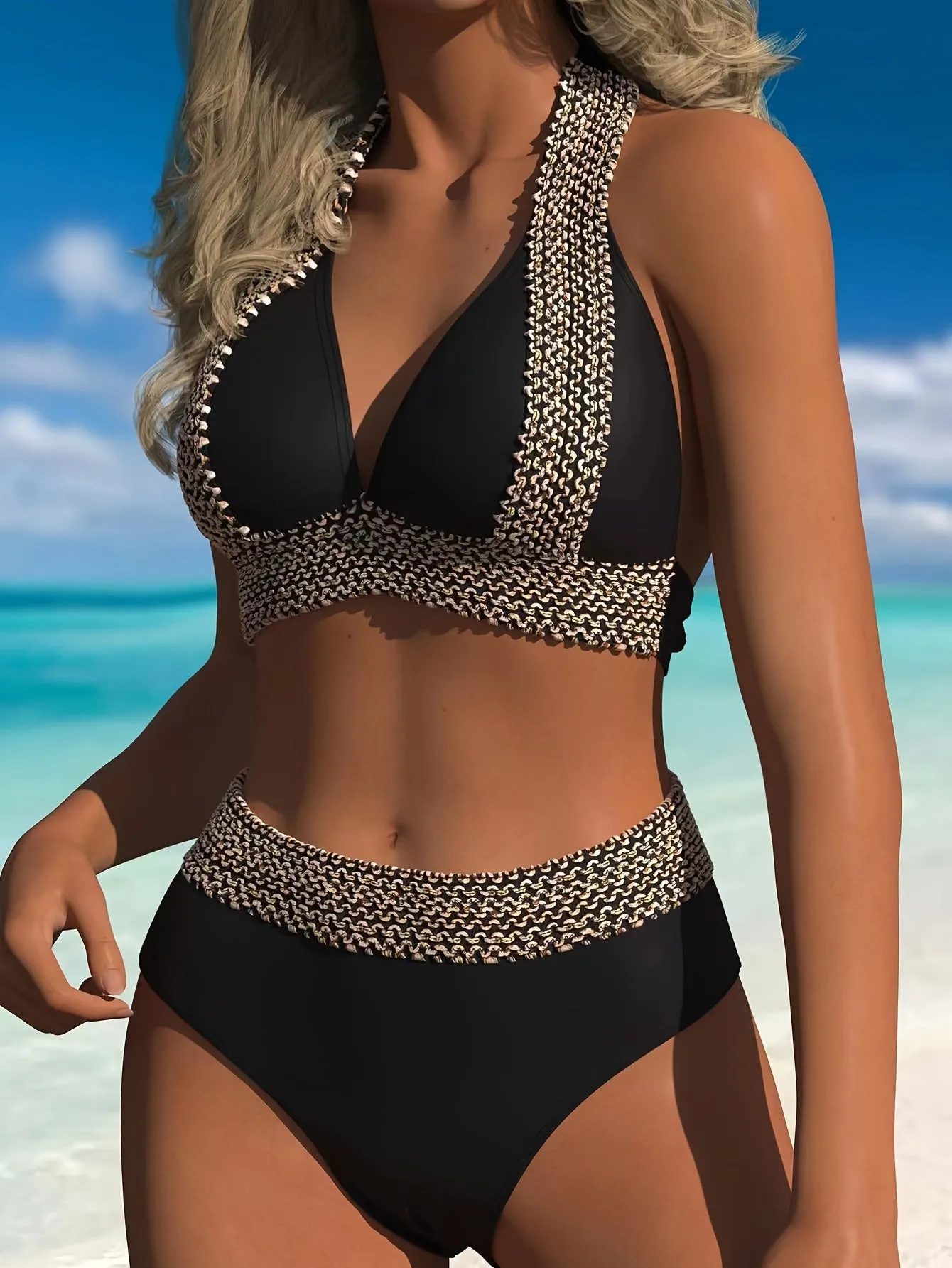 Curvy Stitched Halter Bikini Set for Women