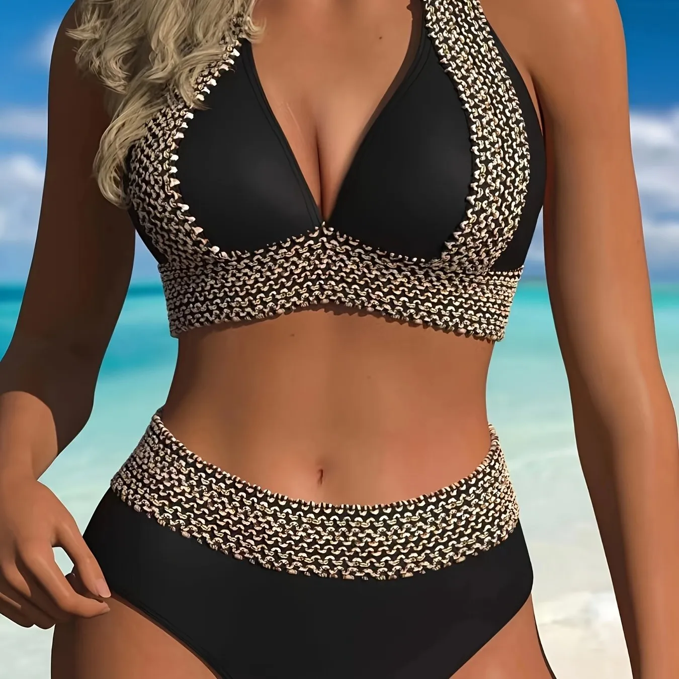 Curvy Stitched Halter Bikini Set for Women