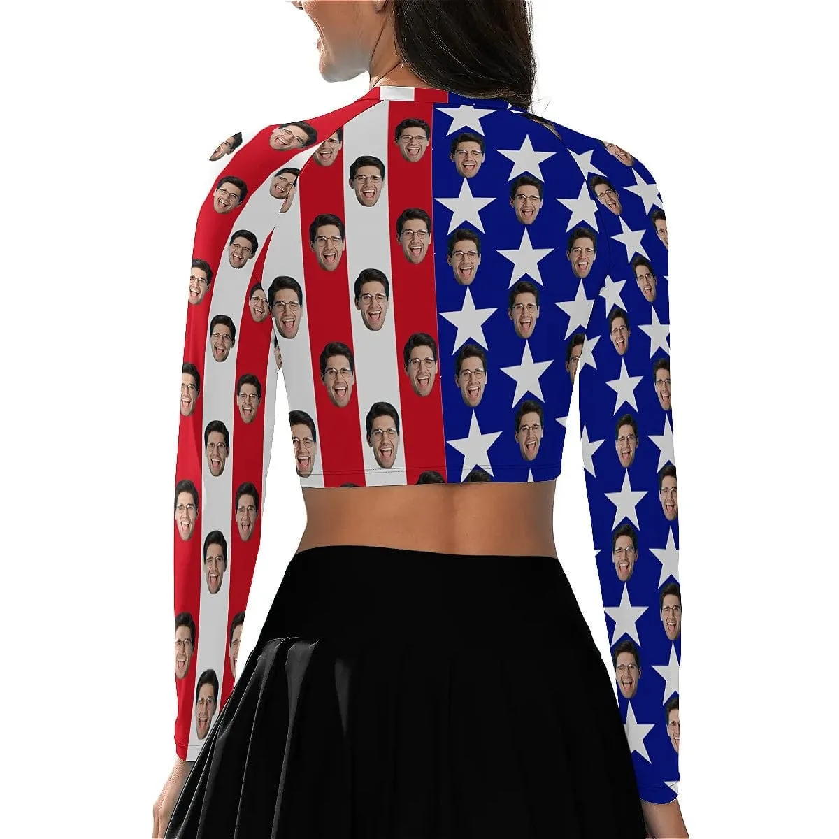 Custom Face American Flag Bikini Top&Bottom Women's Swim Skirt With Bottom Long Sleeve Zip Top