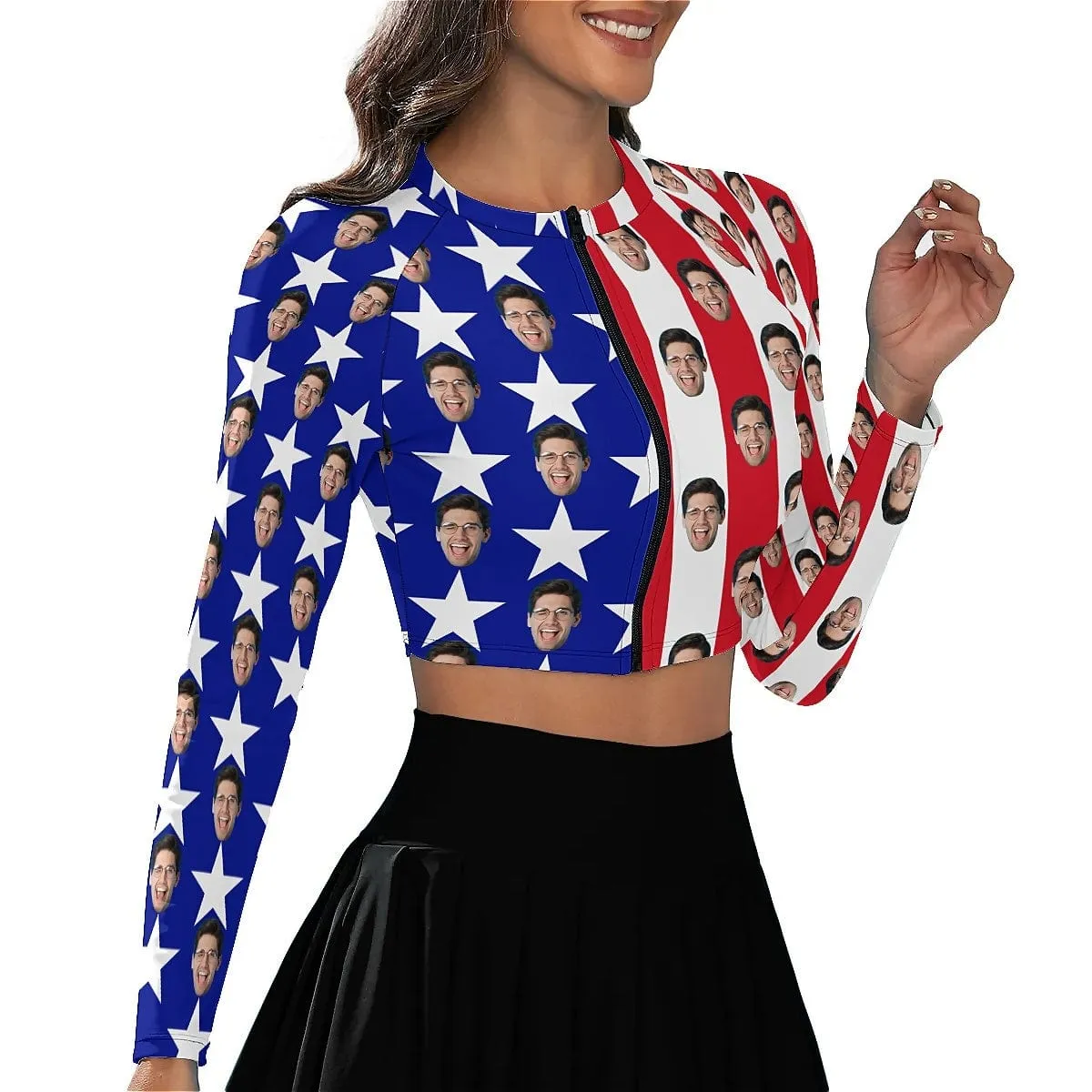 Custom Face American Flag Bikini Top&Bottom Women's Swim Skirt With Bottom Long Sleeve Zip Top