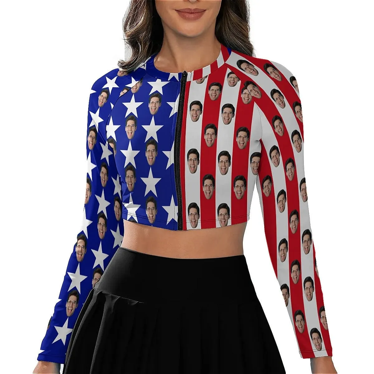 Custom Face American Flag Bikini Top&Bottom Women's Swim Skirt With Bottom Long Sleeve Zip Top