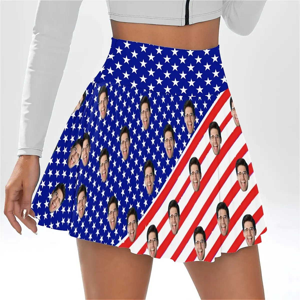 Custom Face American Flag Bikini Top&Bottom Women's Swim Skirt With Bottom Long Sleeve Zip Top