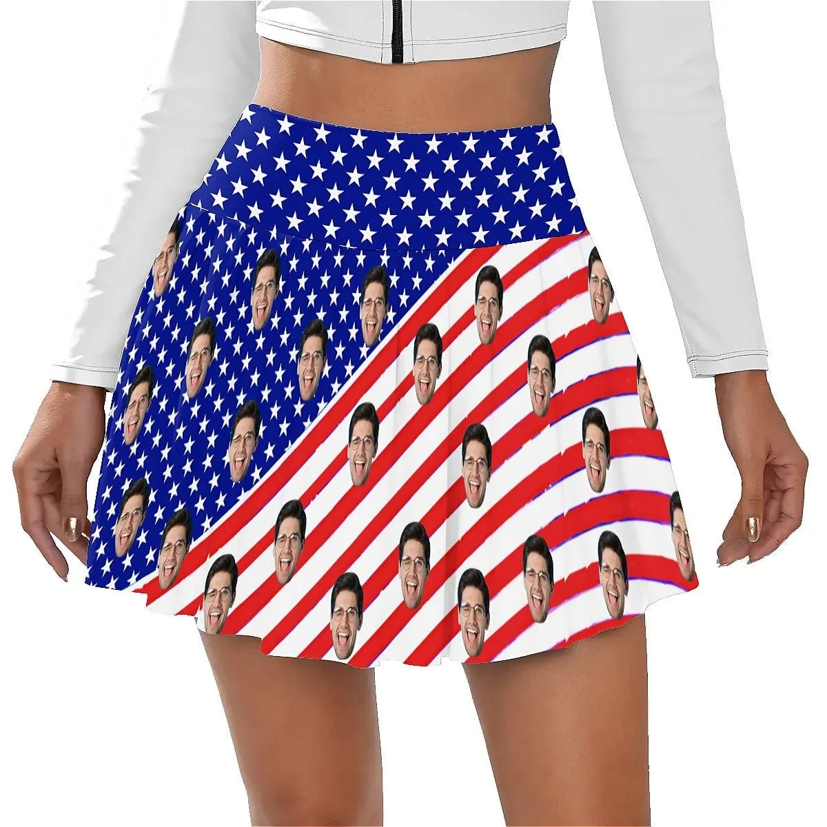 Custom Face American Flag Bikini Top&Bottom Women's Swim Skirt With Bottom Long Sleeve Zip Top