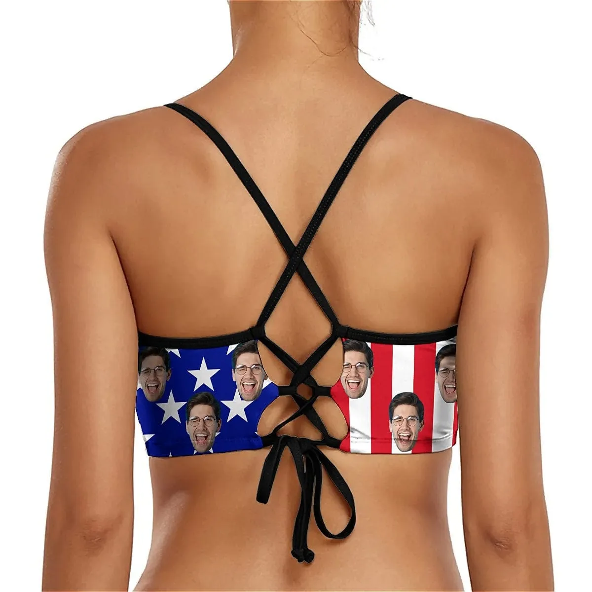 Custom Face American Flag Bikini Top&Bottom Women's Swim Skirt With Bottom Long Sleeve Zip Top