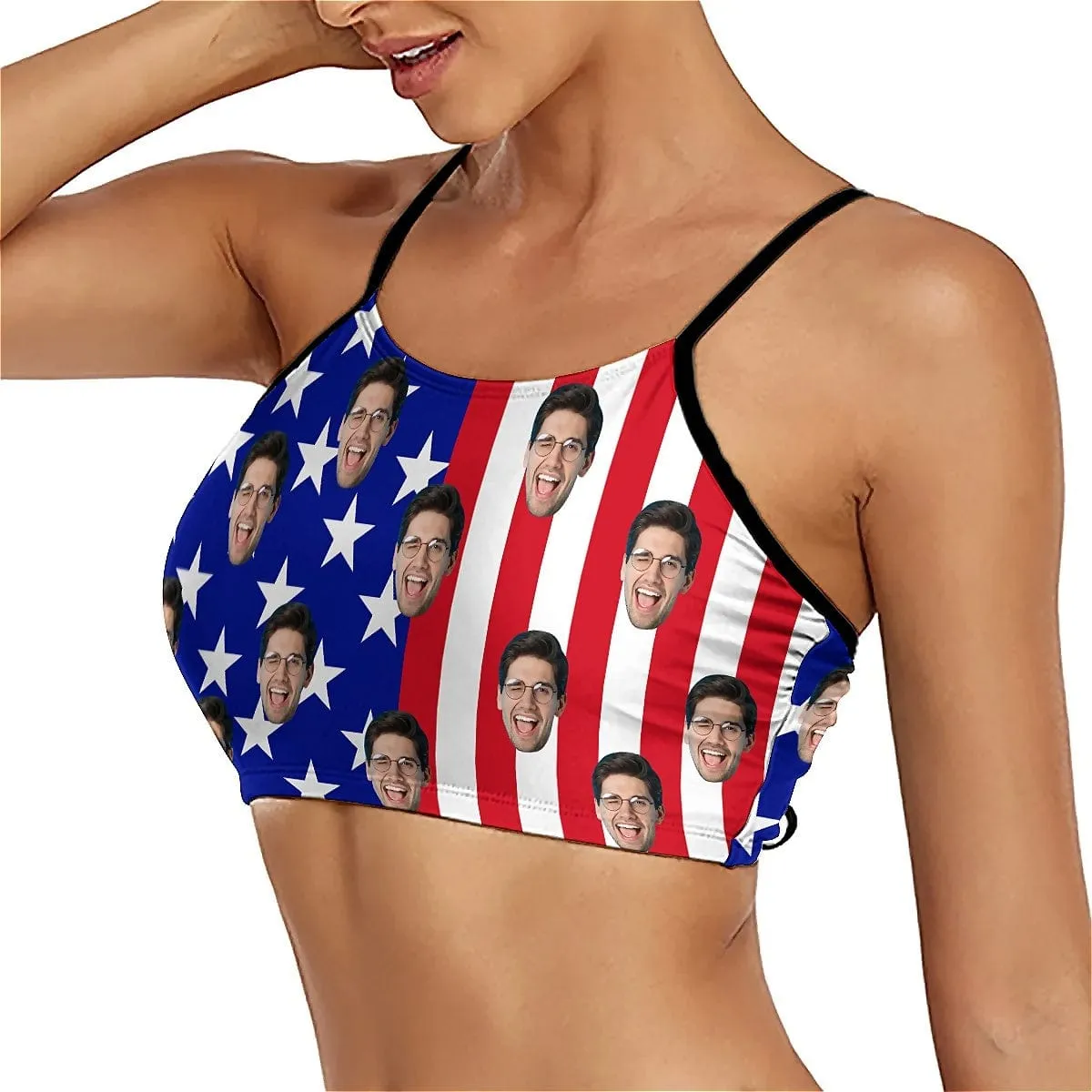 Custom Face American Flag Bikini Top&Bottom Women's Swim Skirt With Bottom Long Sleeve Zip Top