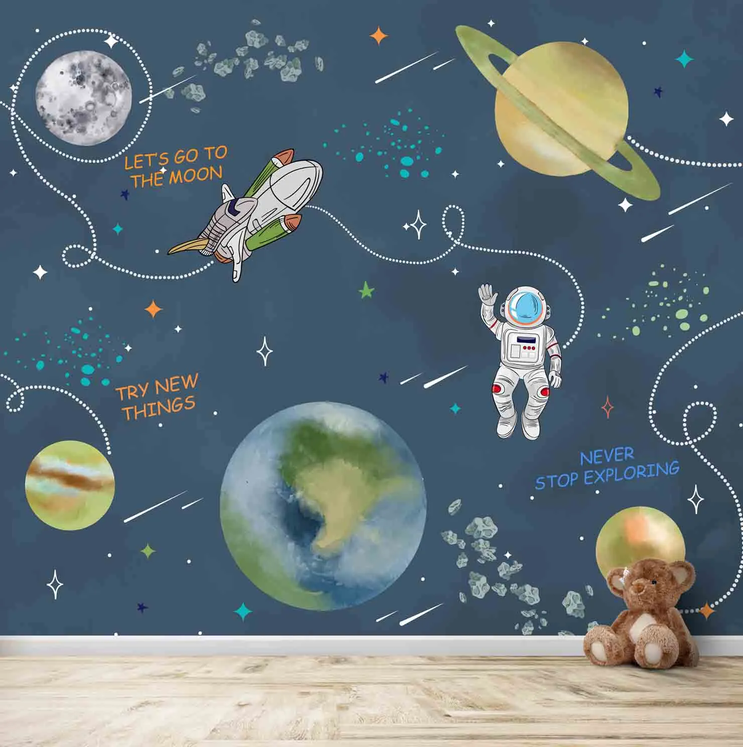 Customized Space Theme Wallpaper for Kids Room, Planets, rockets, Astronauts, Blue