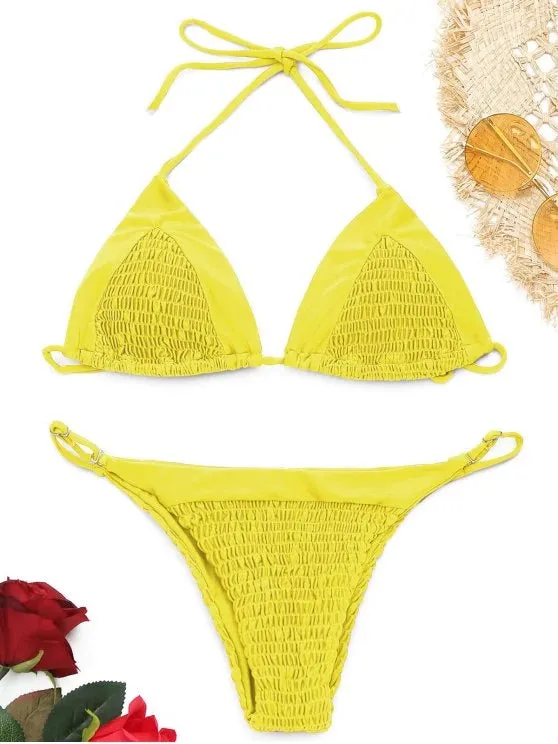 Cute Halter Smocked String Bikini Set