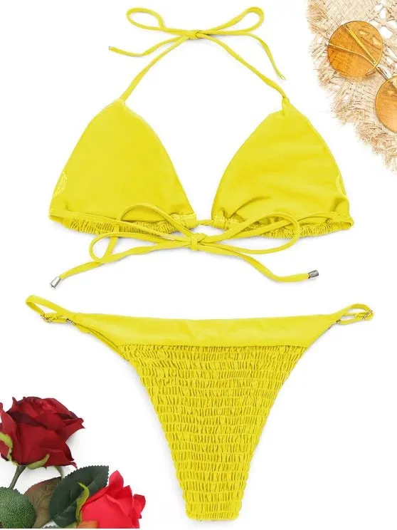 Cute Halter Smocked String Bikini Set