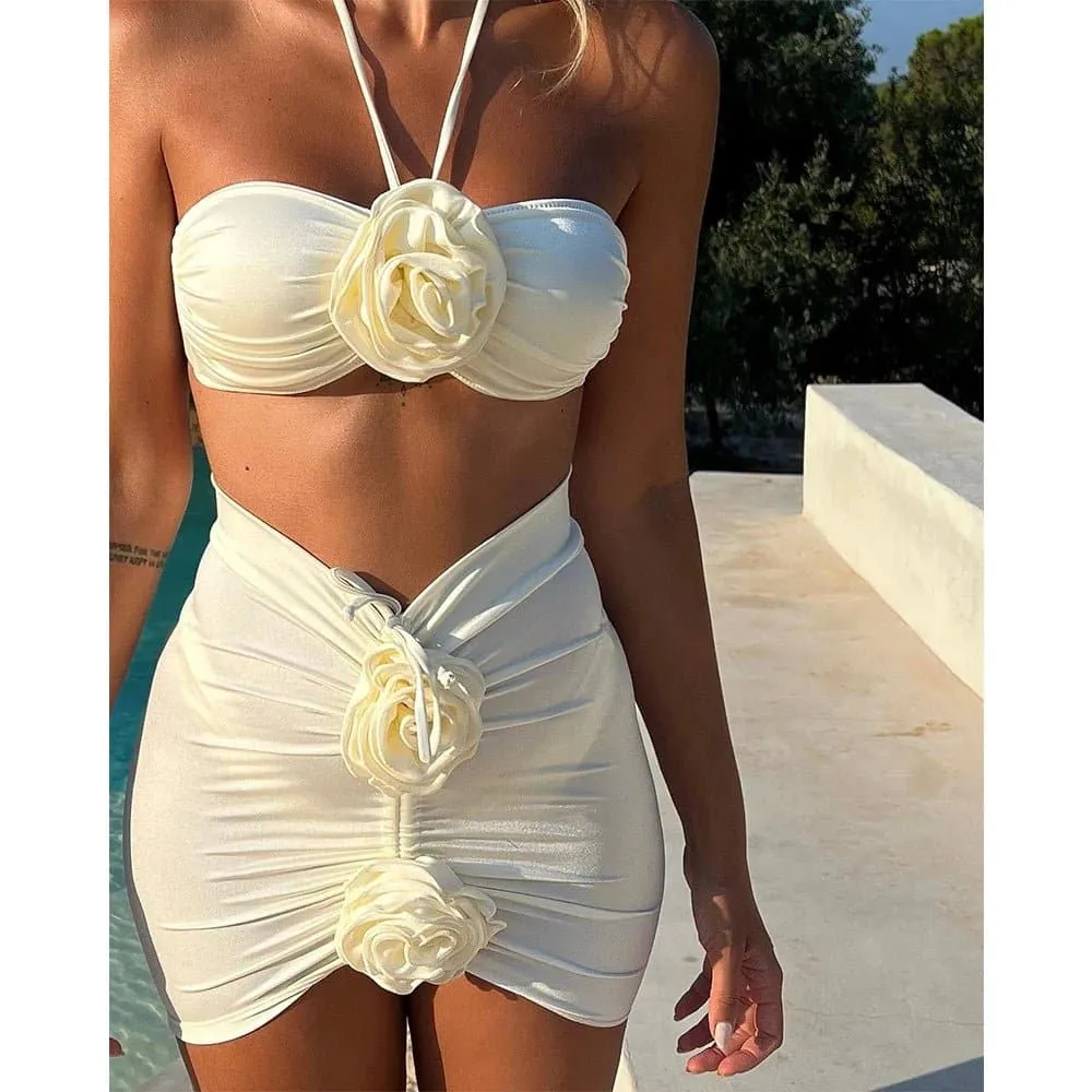 Floral Lace Up Bikini Set - Low Waist - Women Fashion Beach Wear