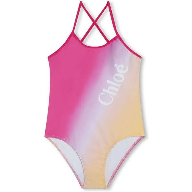 Girls Pink Tie Dye Swimming Costume