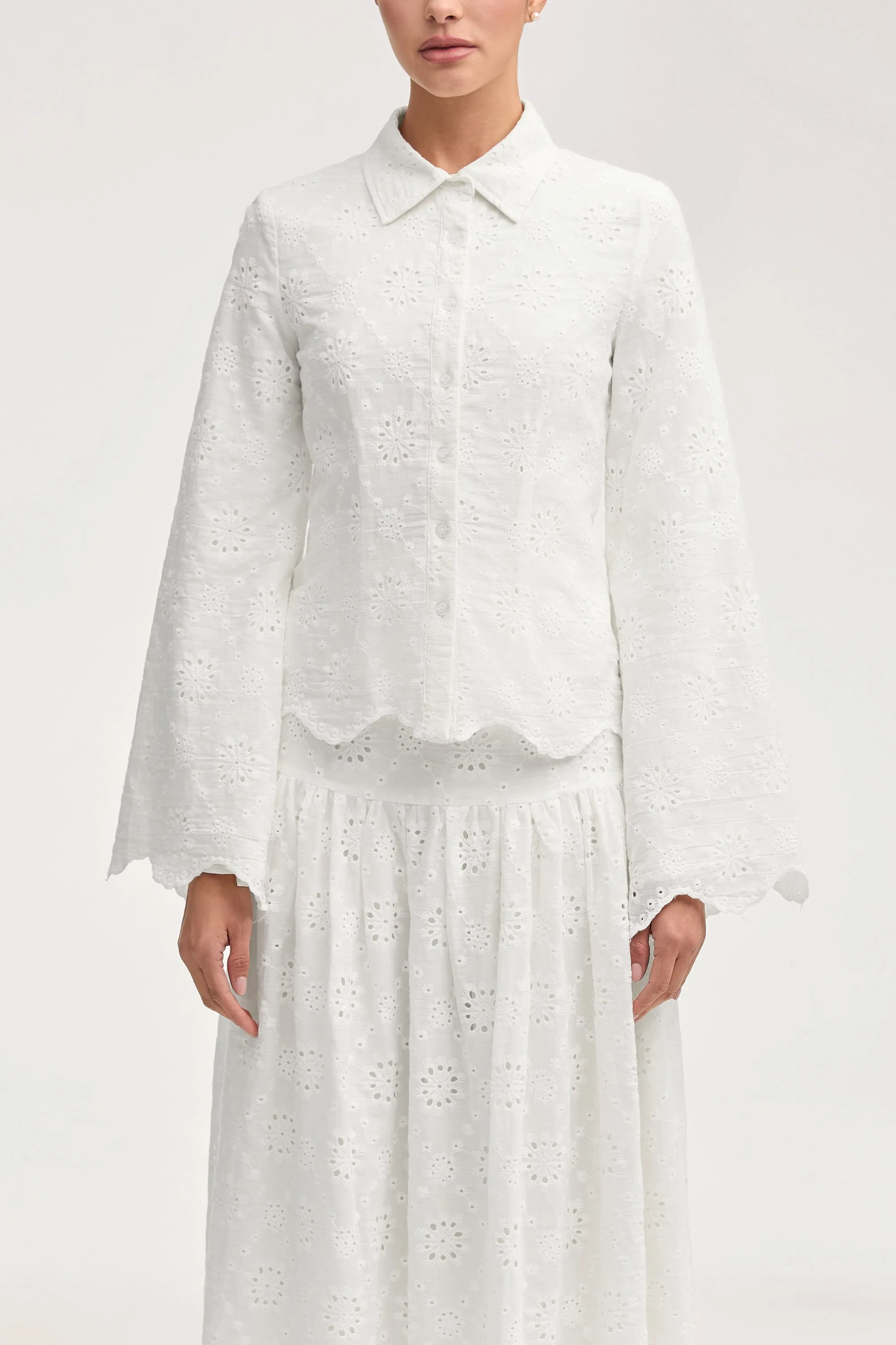 Halima White Eyelet Button Down Top