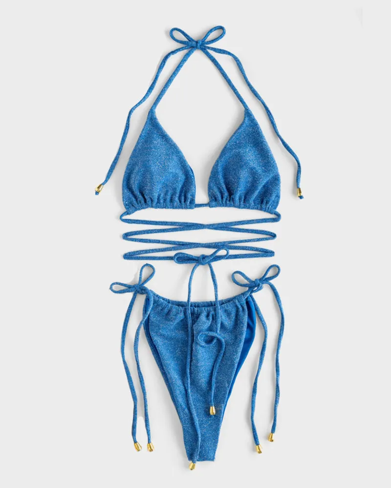 Halter Tie Strappy Ruched Bikini Set