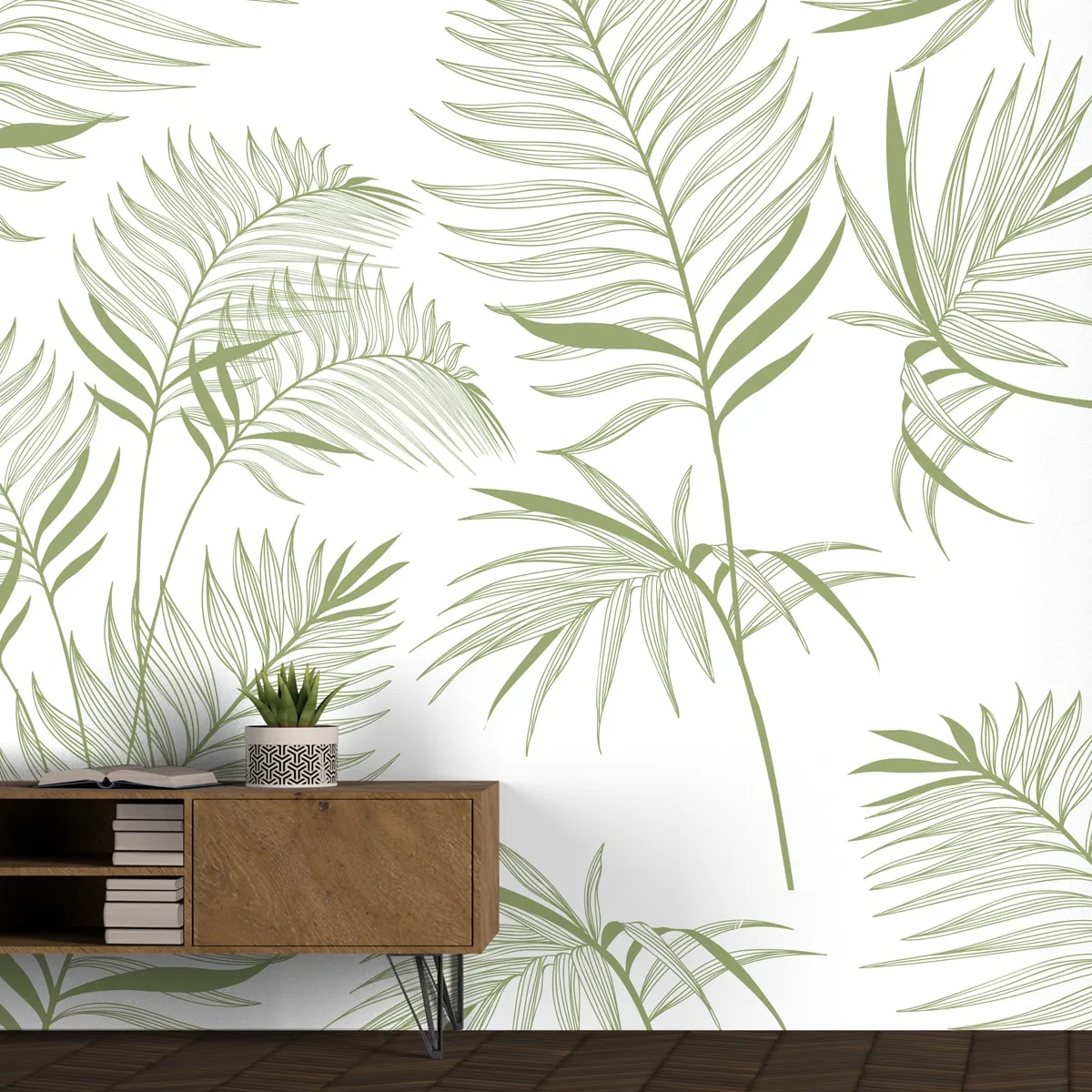 Harmony, Subtle Green Leaves in White Wallpaper Design