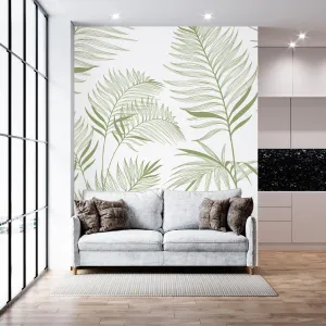 Harmony, Subtle Green Leaves in White Wallpaper Design