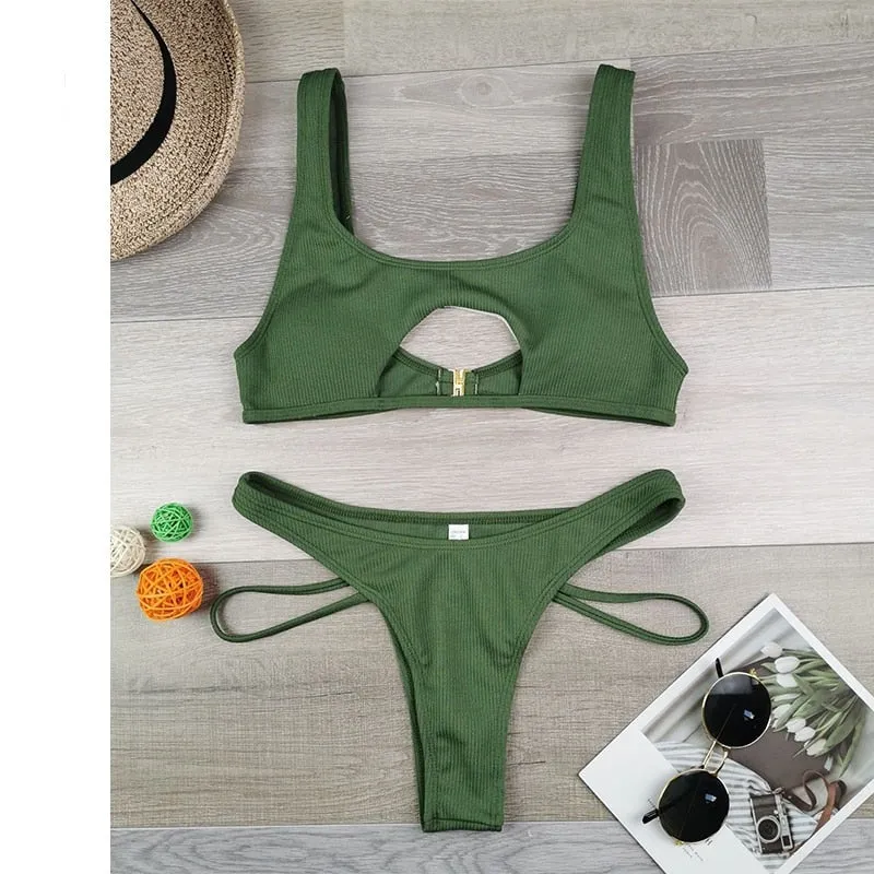 Hollow Out Swimsuit High Cut Micro Swimwear Stylish Bathing Suit Beach Outfits 2 Piece Bikini Set