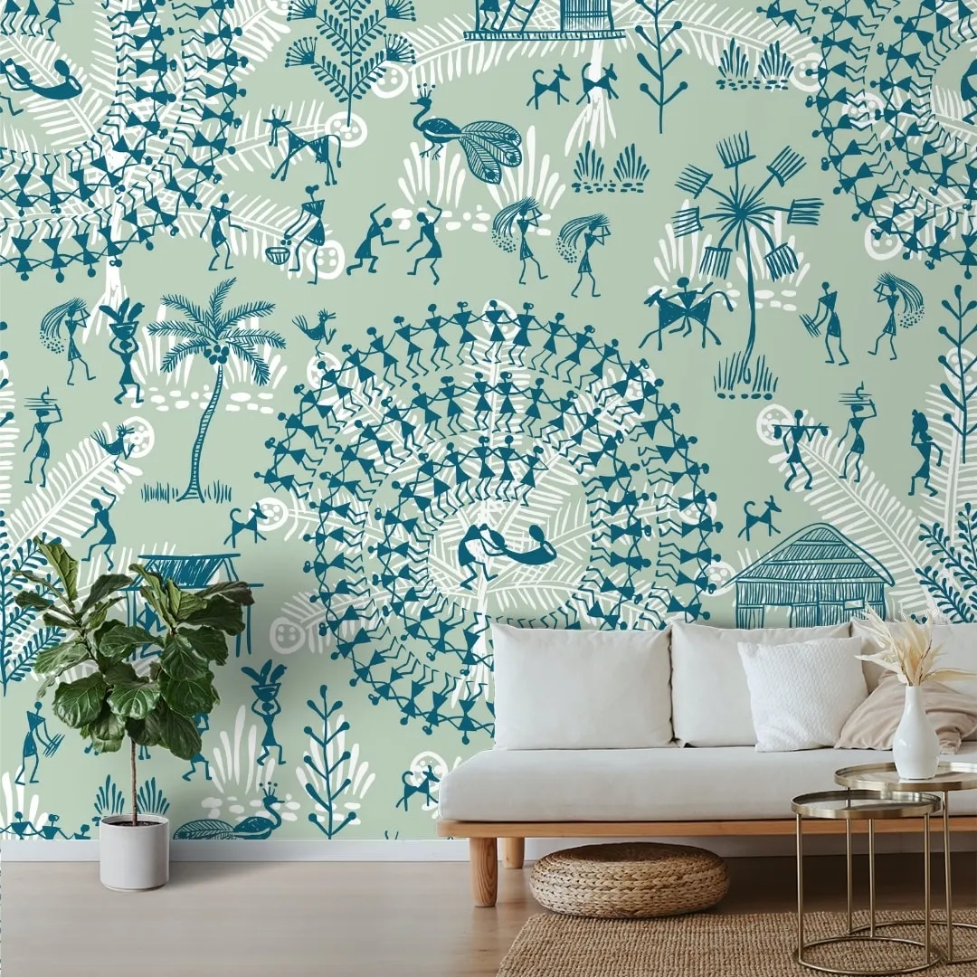 Indian Ethnic Warli Tribal Art Wallpaper, Green