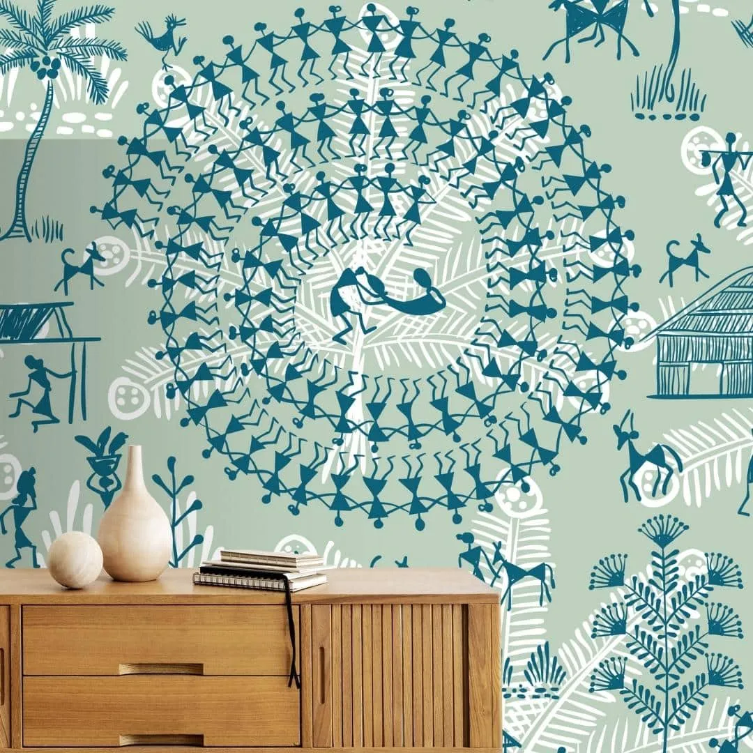 Indian Ethnic Warli Tribal Art Wallpaper, Green