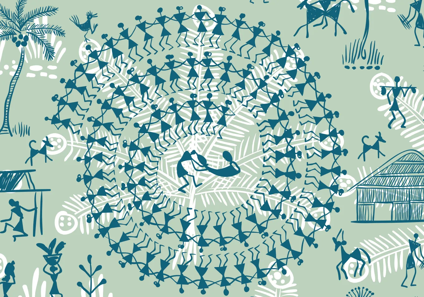 Indian Ethnic Warli Tribal Art Wallpaper, Green