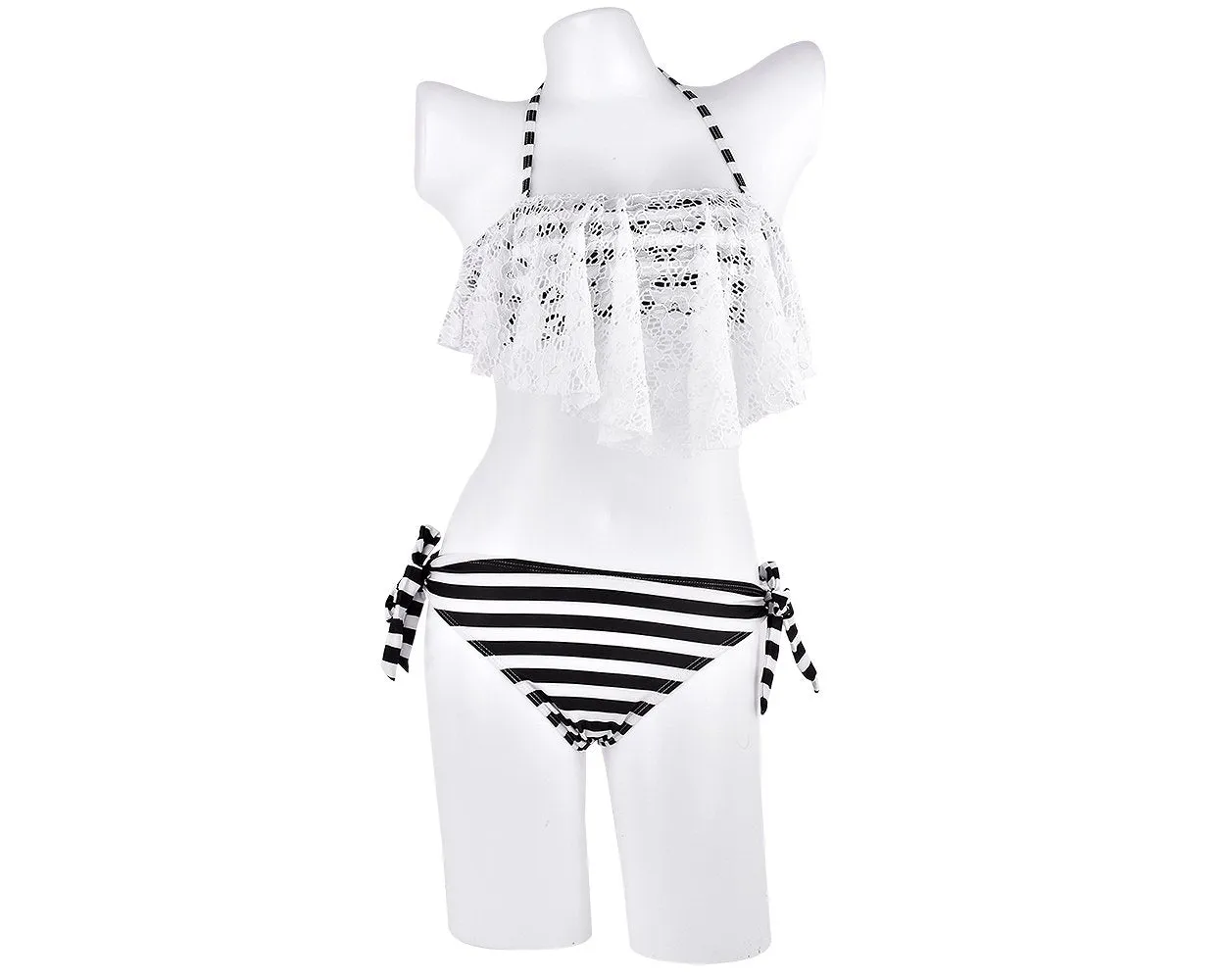 Lace Flounce Stripe Halter Bikini Set - Black