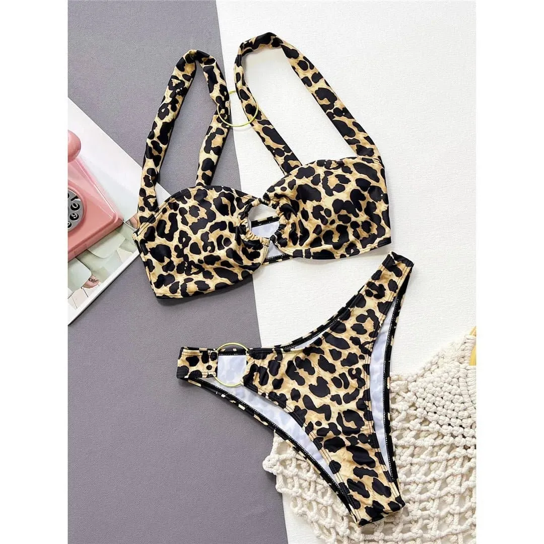 Leopard Printed Metal Ring Mid Waist Bikini - Stylish Beachwear Set for Women