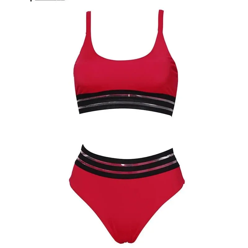 Mesh Bikini Set with Patchwork Pattern and Wire-Free Design - Stylish and Comfortable Fit