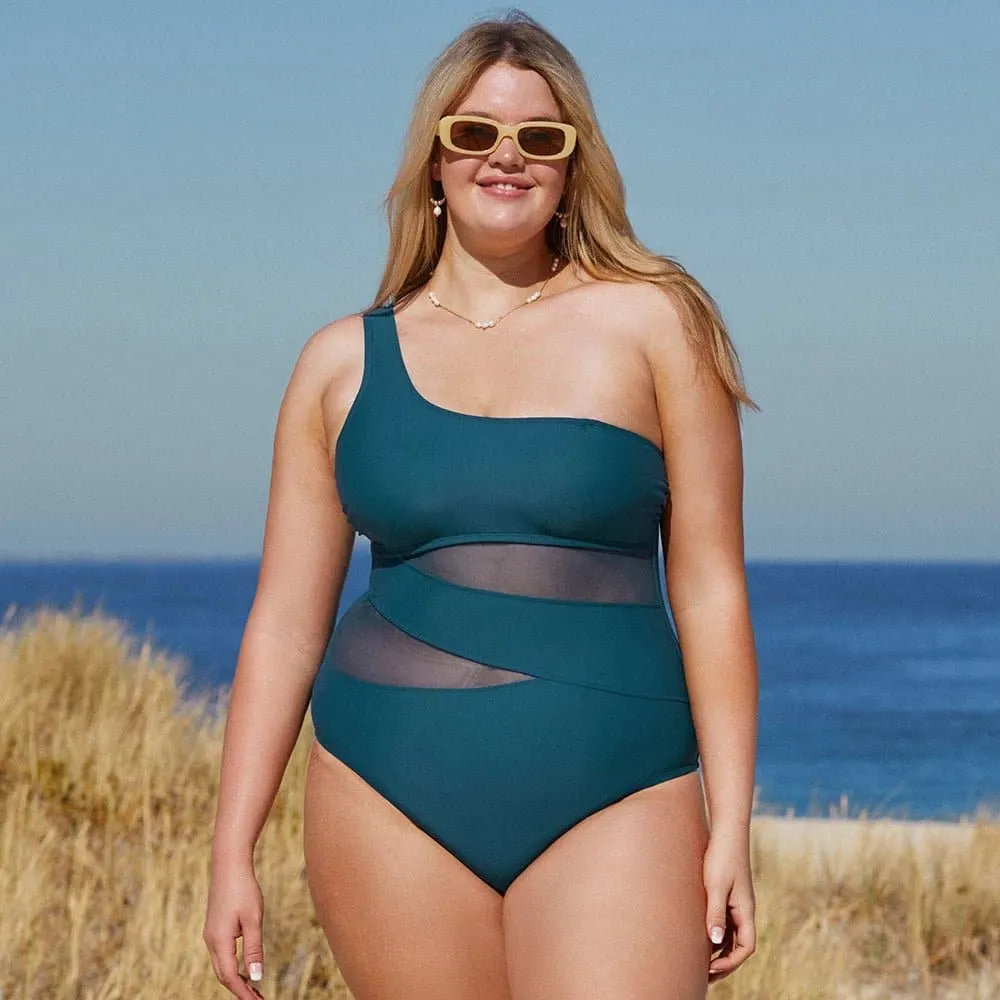 Mesh Swimsuit for Plus Size Women - Solid One Piece with One Shoulder and Removable Padded Cups