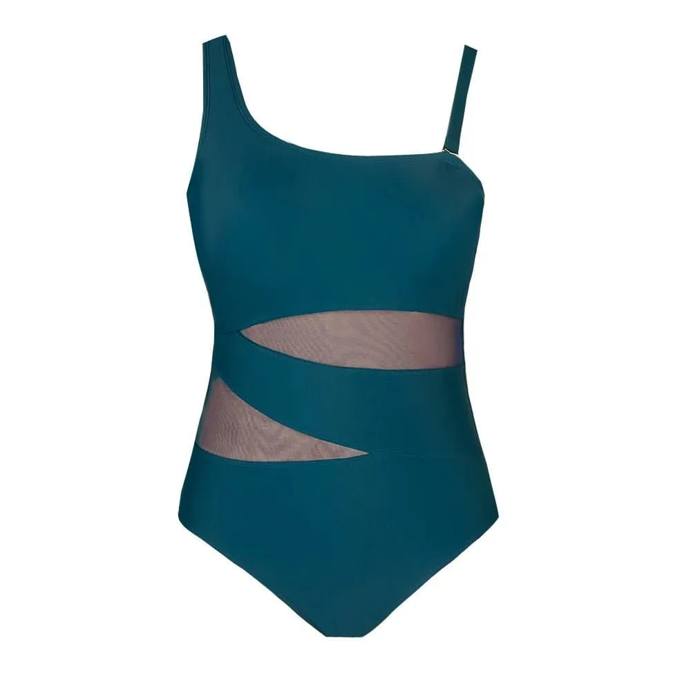 Mesh Swimsuit for Plus Size Women - Solid One Piece with One Shoulder and Removable Padded Cups