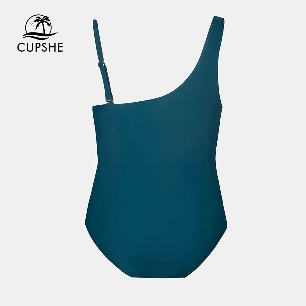 Mesh Swimsuit for Plus Size Women - Solid One Piece with One Shoulder and Removable Padded Cups