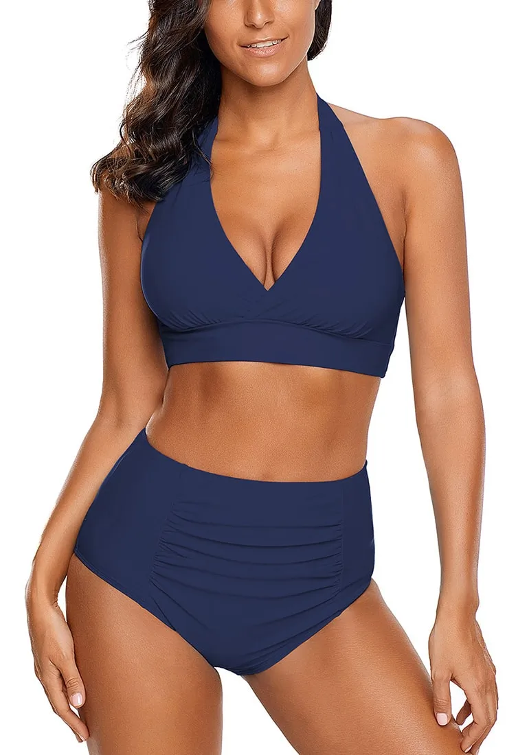 Navy Halter Ruched High-Waist Bikini Set