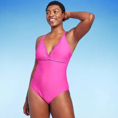 New - Kona Sol Women's V Neck One Piece Swimsuit Shell Stitch Medium Coverage