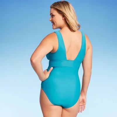 New - Kona Sol Women's Wide Shoulder V-Neck One Piece Swimsuit Medium Coverage, Blue M