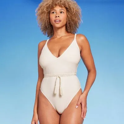 New - Shade & Shore Women's Braid Belt High Leg One Piece Swimsuit Swimwear