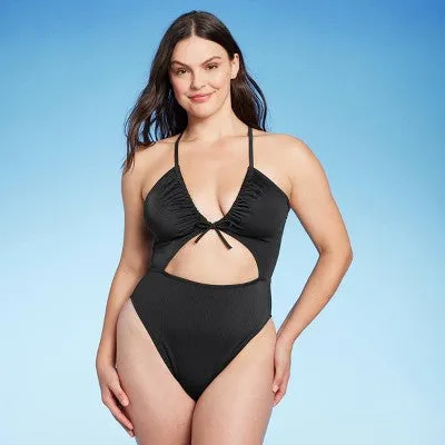 New - Shade & Shore Women's Plunge Cut Out One Piece Swimsuit Monokini, Black 36DD