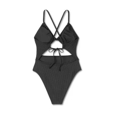 New - Shade & Shore Women's Plunge Cut Out One Piece Swimsuit Monokini, Black 36DD