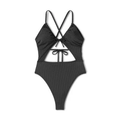 New - Shade & Shore Women's Plunge Cut Out One Piece Swimsuit Monokini, Black 36DD