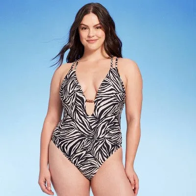 New - Shade & Shore Women's Plunge One Piece Swimsuit Double Strap, Black Animal L